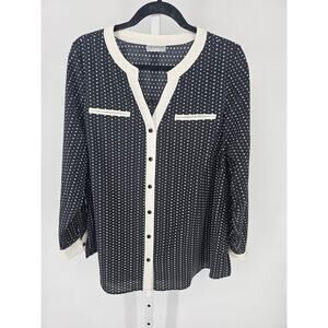 Catherines Women's Black & White Diamond Henley-Neck Button-Up Shirt Size 1X